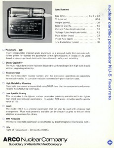 Original Arco Medical datasheet for NU5 plutonium-powered nuclear pacemaker