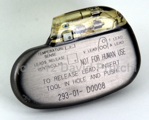 Back side of Intermedics Circadia pacemaker.  Labeling shows special connector for temperature-sensing lead.