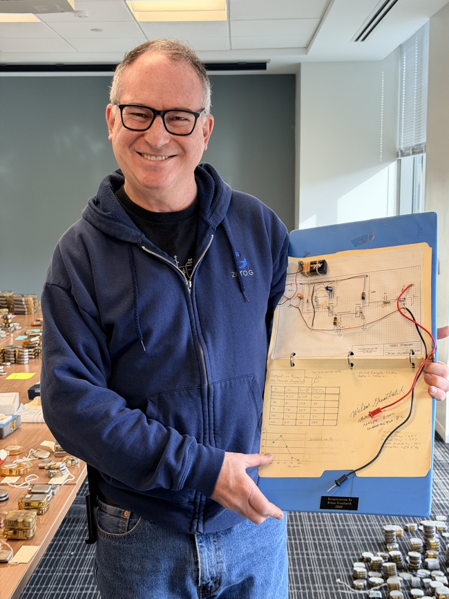 David Prutchi PhD holding prototype of Greatbatch's 1961 pacemaker circuit